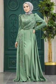 Tesettürlü Abiye Elbise - Boncuk İşlemeli Çağla Yeşili Tesettür Saten Abiye Elbise 40641CY - Thumbnail