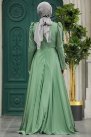 Tesettürlü Abiye Elbise - Boncuk İşlemeli Çağla Yeşili Tesettür Saten Abiye Elbise 40641CY - Thumbnail