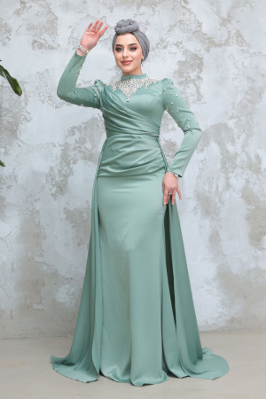 Tesettürlü Abiye Elbise - Boncuk İşlemeli Çağla Yeşili Tesettür Saten Abiye Elbise 51312CY 
