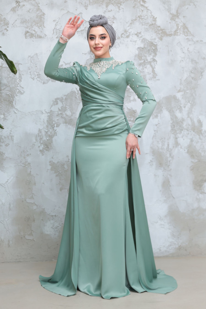 Tesettürlü Abiye Elbise - Boncuk İşlemeli Çağla Yeşili Tesettür Saten Abiye Elbise 51312CY - 1