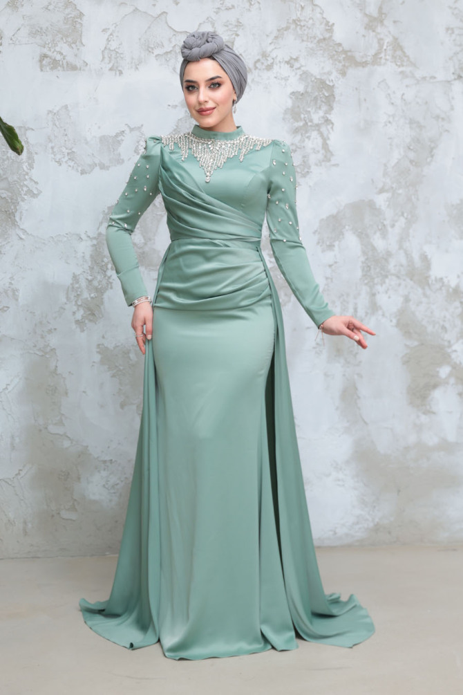 Tesettürlü Abiye Elbise - Boncuk İşlemeli Çağla Yeşili Tesettür Saten Abiye Elbise 51312CY - 2