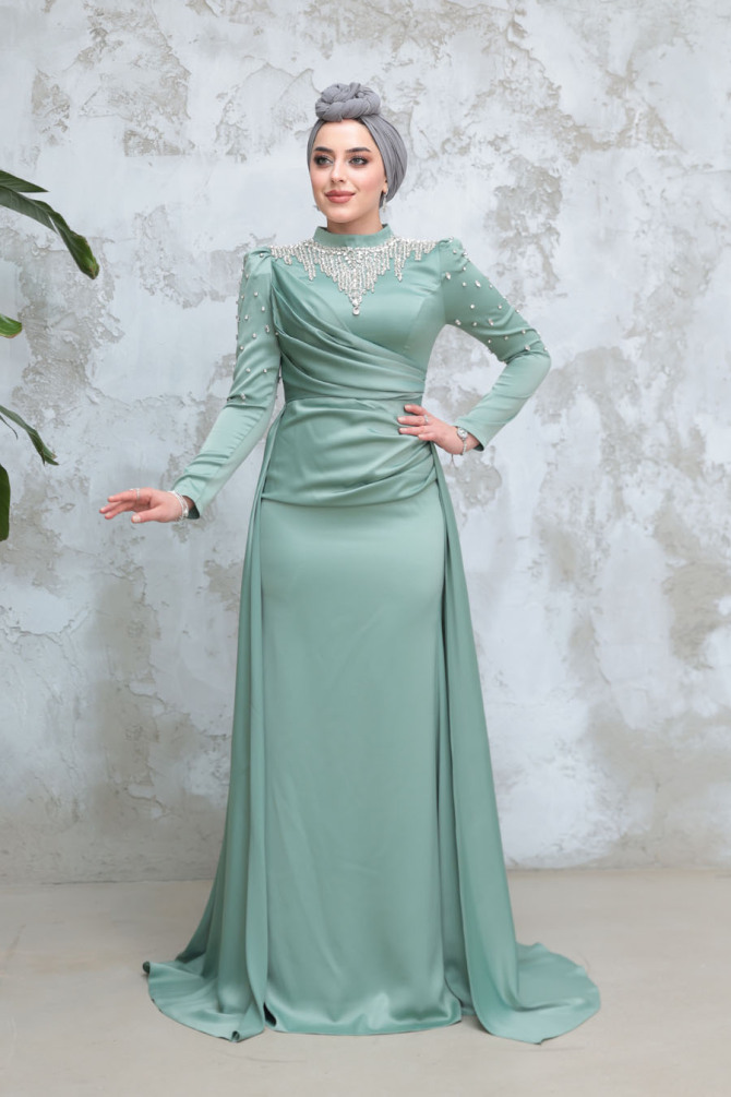 Tesettürlü Abiye Elbise - Boncuk İşlemeli Çağla Yeşili Tesettür Saten Abiye Elbise 51312CY - 3