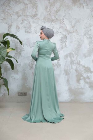 Tesettürlü Abiye Elbise - Boncuk İşlemeli Çağla Yeşili Tesettür Saten Abiye Elbise 51312CY - 4