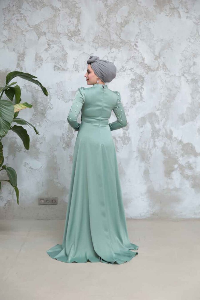 Tesettürlü Abiye Elbise - Boncuk İşlemeli Çağla Yeşili Tesettür Saten Abiye Elbise 51312CY - 4