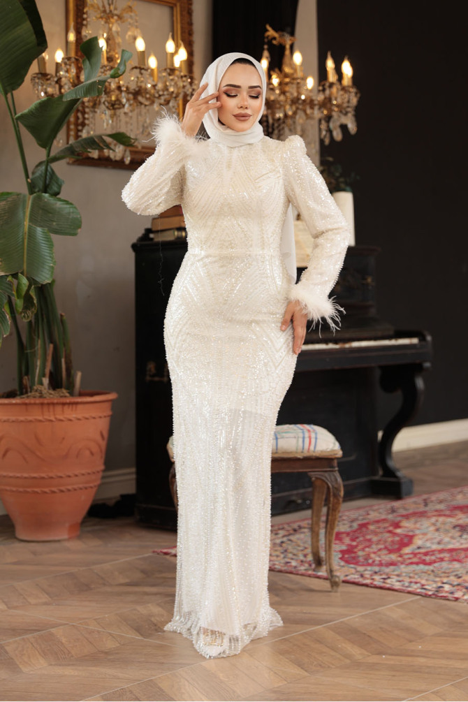 Tesettürlü Abiye Elbise - Boncuk İşlemeli Ekru Tesettür Abiye Elbise 51351E - TESETTÜRLÜ ABİYE ELBİSELER