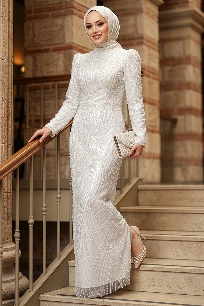 Tesettürlü Abiye Elbise - Boncuk İşlemeli Ekru Tesettür Abiye Elbise 51403E - N.S NEVA STYLE