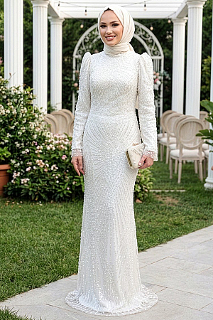 Tesettürlü Abiye Elbise - Boncuk İşlemeli Ekru Tesettür Abiye Elbise 51581E - 1