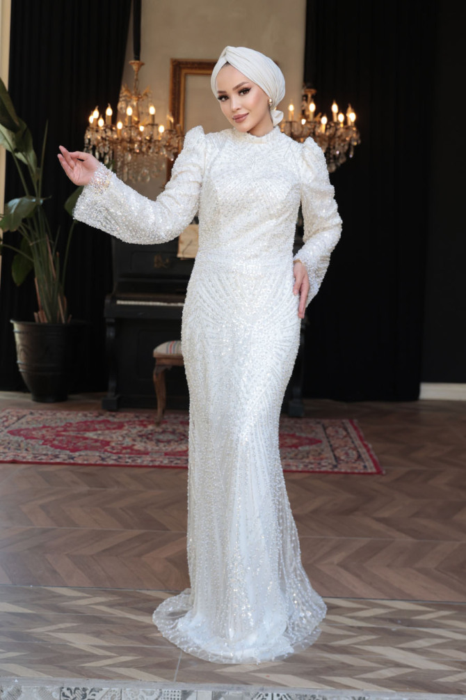 Tesettürlü Abiye Elbise - Boncuk İşlemeli Ekru Tesettür Abiye Elbise 51581E - N.S NEVA STYLE