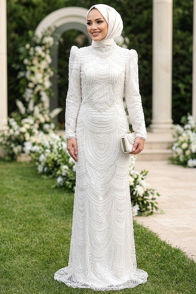 Tesettürlü Abiye Elbise - Boncuk İşlemeli Ekru Tesettür Abiye Elbise 51636E - N.S NEVA STYLE