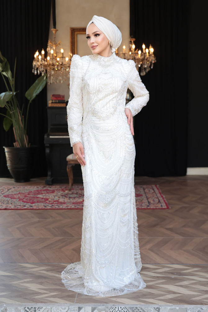 Tesettürlü Abiye Elbise - Boncuk İşlemeli Ekru Tesettür Abiye Elbise 51636E - N.S NEVA STYLE