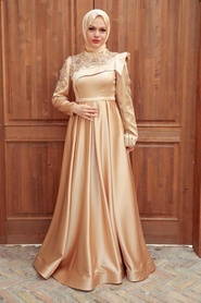 Tesettürlü Abiye Elbise - Boncuk İşlemeli Gold Tesettür Abiye Elbise 22351GOLD - Thumbnail
