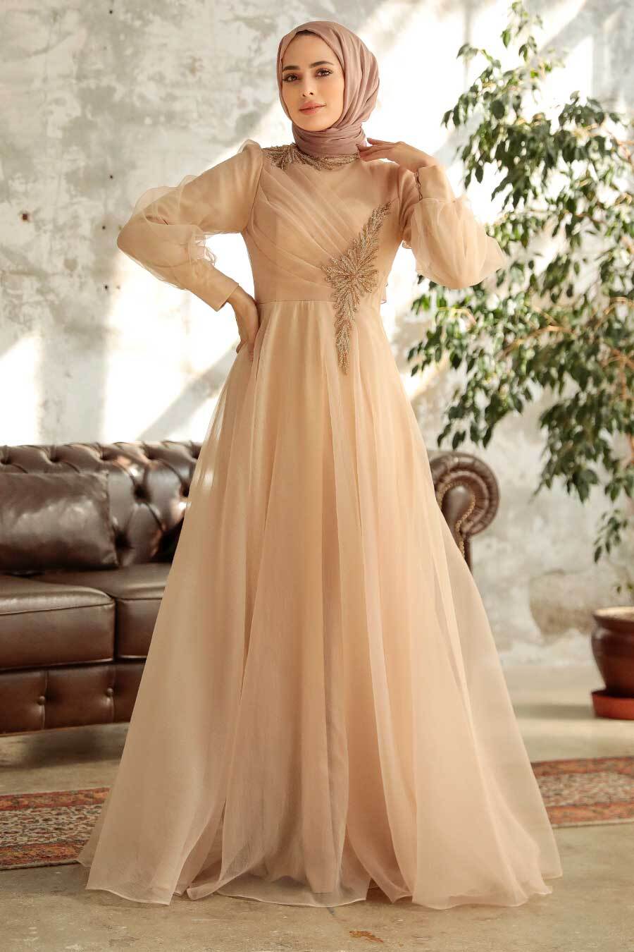 Tesettürlü Abiye Elbise - Boncuk İşlemeli Gold Tesettür Abiye Elbise 22551GOLD