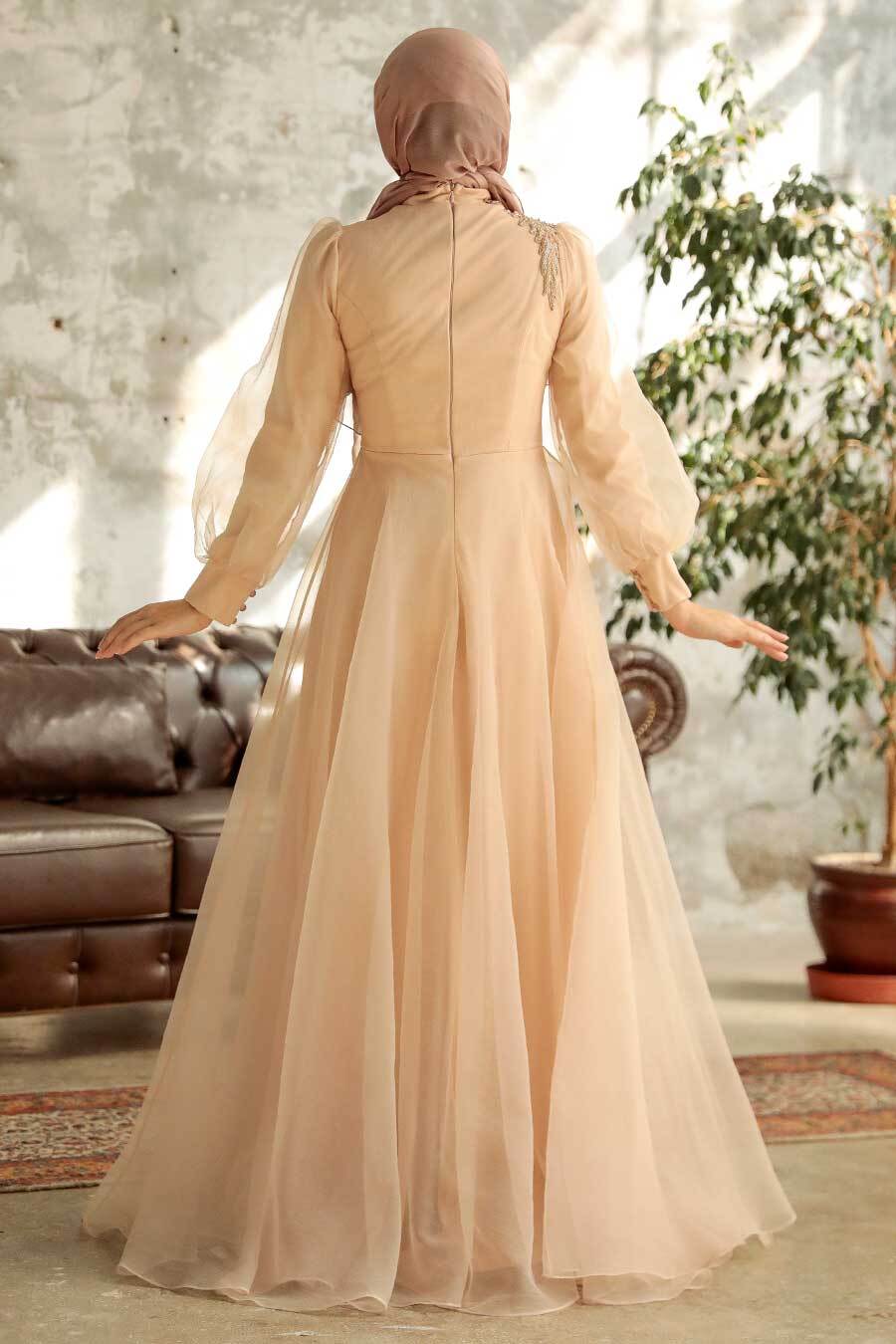 Tesettürlü Abiye Elbise - Boncuk İşlemeli Gold Tesettür Abiye Elbise 22551GOLD