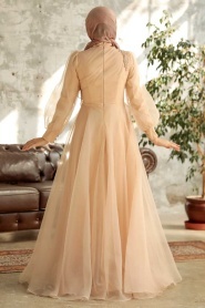 Tesettürlü Abiye Elbise - Boncuk İşlemeli Gold Tesettür Abiye Elbise 22551GOLD - Thumbnail