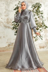 Tesettürlü Abiye Elbise - Boncuk İşlemeli Gri Tesettür Abiye Elbise 3753GR - Thumbnail