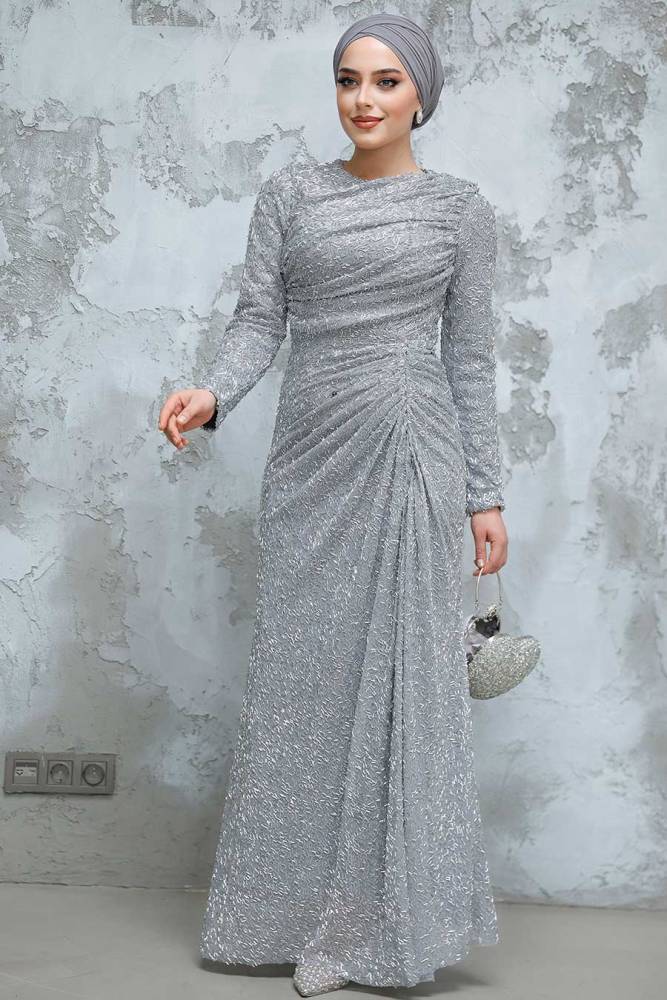 Tesettürlü Abiye Elbise - Boncuk İşlemeli Gri Tesettür Abiye Elbise 50341GR - 2
