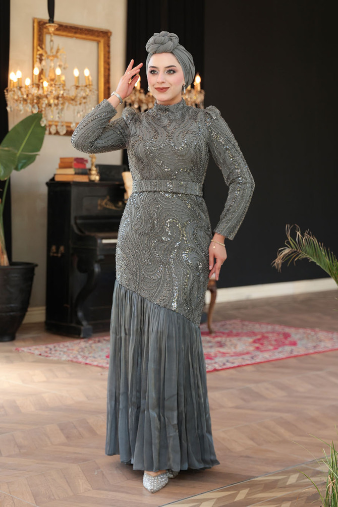 Tesettürlü Abiye Elbise - Boncuk İşlemeli Gri Tesettür Abiye Elbise 51621GR - 1