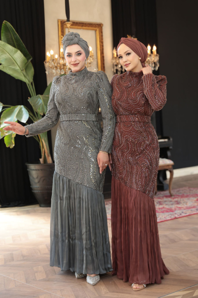 Tesettürlü Abiye Elbise - Boncuk İşlemeli Gri Tesettür Abiye Elbise 51621GR - 3