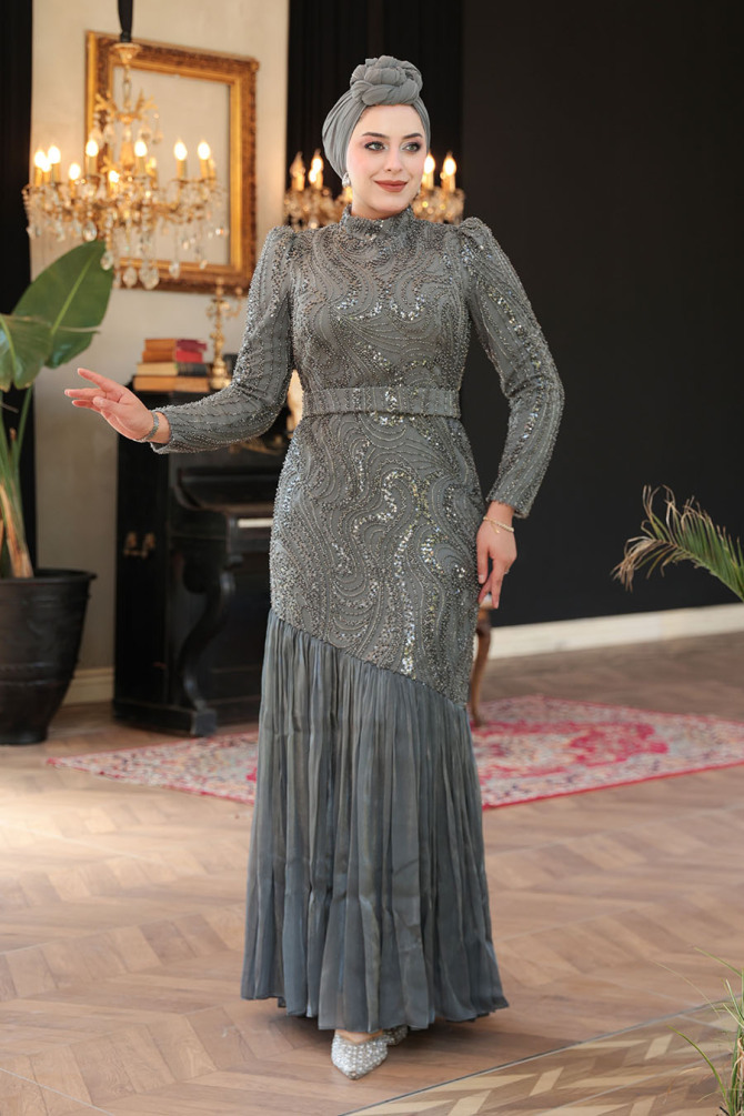 Tesettürlü Abiye Elbise - Boncuk İşlemeli Gri Tesettür Abiye Elbise 51621GR - 2