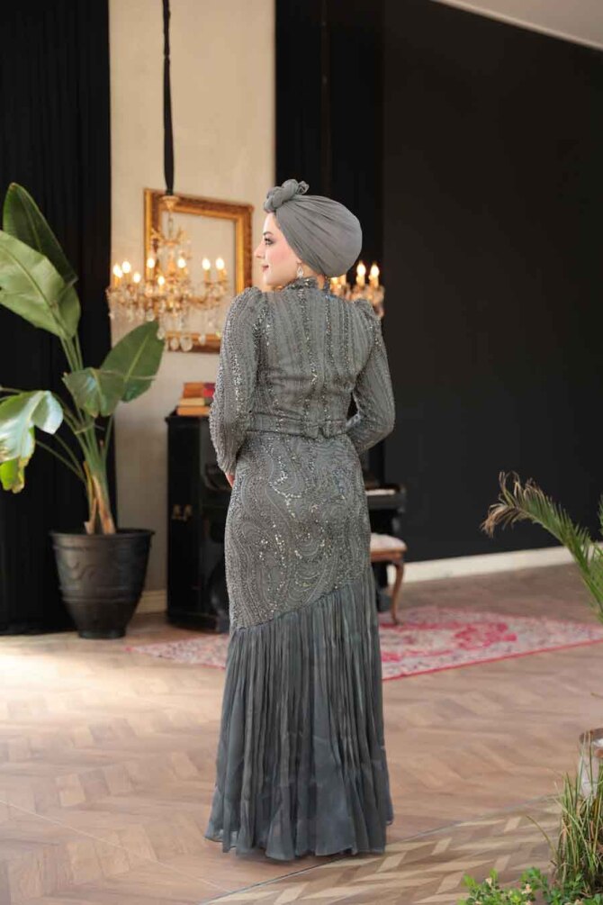 Tesettürlü Abiye Elbise - Boncuk İşlemeli Gri Tesettür Abiye Elbise 51621GR - 4