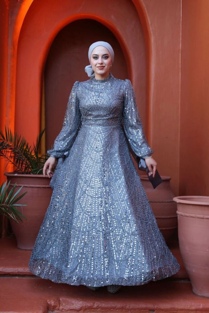 Tesettürlü Abiye Elbise - Boncuk İşlemeli Gri Tesettür Abiye Elbise 53171GR - 1