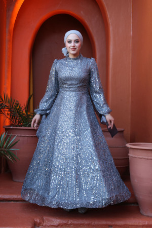 Tesettürlü Abiye Elbise - Boncuk İşlemeli Gri Tesettür Abiye Elbise 53171GR 