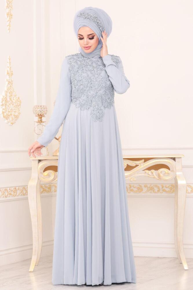 Tesettürlü Abiye Elbise - Boncuk İşlemeli Gri Tesettürlü Abiye Elbise 8566GR - 1