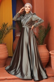 Tesettürlü Abiye Elbise - Boncuk İşlemeli Haki Saten Tesettür Abiye Elbise 22401HK - Thumbnail