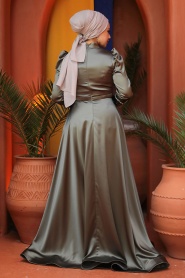 Tesettürlü Abiye Elbise - Boncuk İşlemeli Haki Saten Tesettür Abiye Elbise 22401HK - Thumbnail