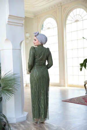 Tesettürlü Abiye Elbise - Boncuk İşlemeli Haki Tesettür Abiye Elbise 4939HK - 8