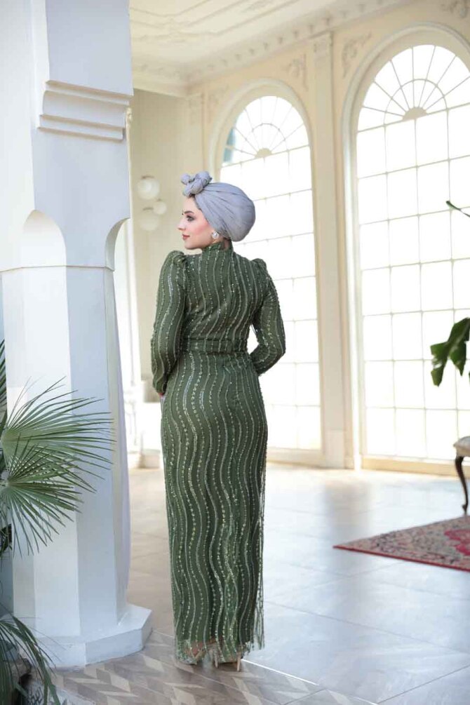 Tesettürlü Abiye Elbise - Boncuk İşlemeli Haki Tesettür Abiye Elbise 4939HK - 8