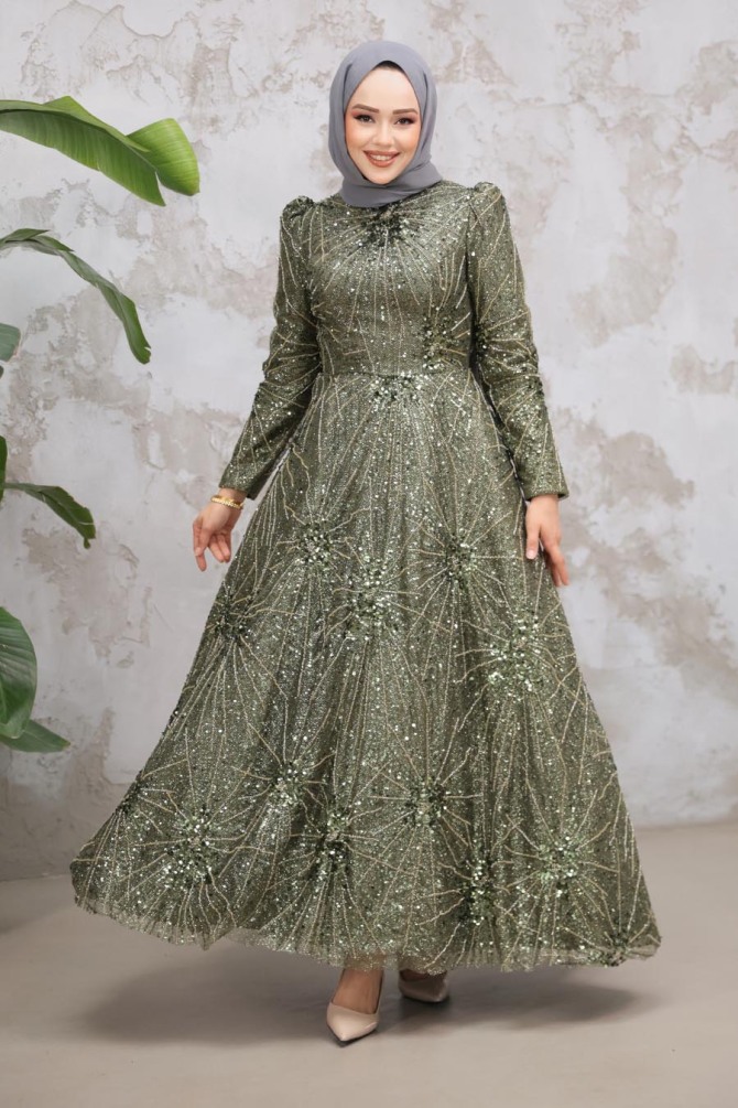 Tesettürlü Abiye Elbise - Boncuk İşlemeli Haki Tesettür Abiye Elbise 50461HK - TESETTÜRLÜ ABİYE ELBİSELER