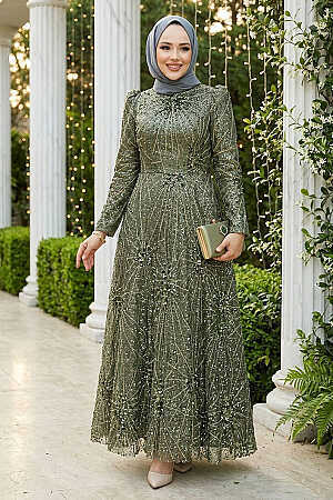 Tesettürlü Abiye Elbise - Boncuk İşlemeli Haki Tesettür Abiye Elbise 50461HK - TESETTÜRLÜ ABİYE ELBİSELER