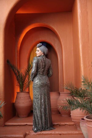 Tesettürlü Abiye Elbise - Boncuk Detaylı Haki Tesettür Abiye Elbise 50651HK - 5