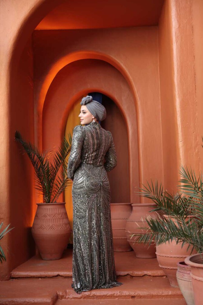 Tesettürlü Abiye Elbise - Boncuk Detaylı Haki Tesettür Abiye Elbise 50651HK - 5