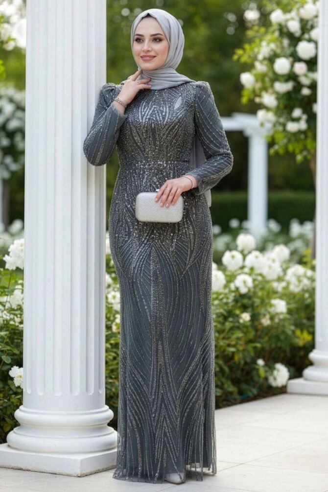 Tesettürlü Abiye Elbise - Boncuk İşlemeli Haki Tesettür Abiye Elbise 51403HK - N.S NEVA STYLE