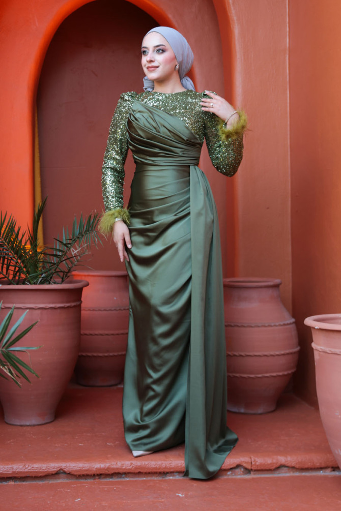 Tesettürlü Abiye Elbise - Boncuk İşlemeli Haki Tesettür Abiye Elbise 52151HK - N.S NEVA STYLE