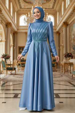 Tesettürlü Abiye Elbise - Boncuk İşlemeli İndigo Mavisi Saten Tesettür Abiye 2265IM - 1