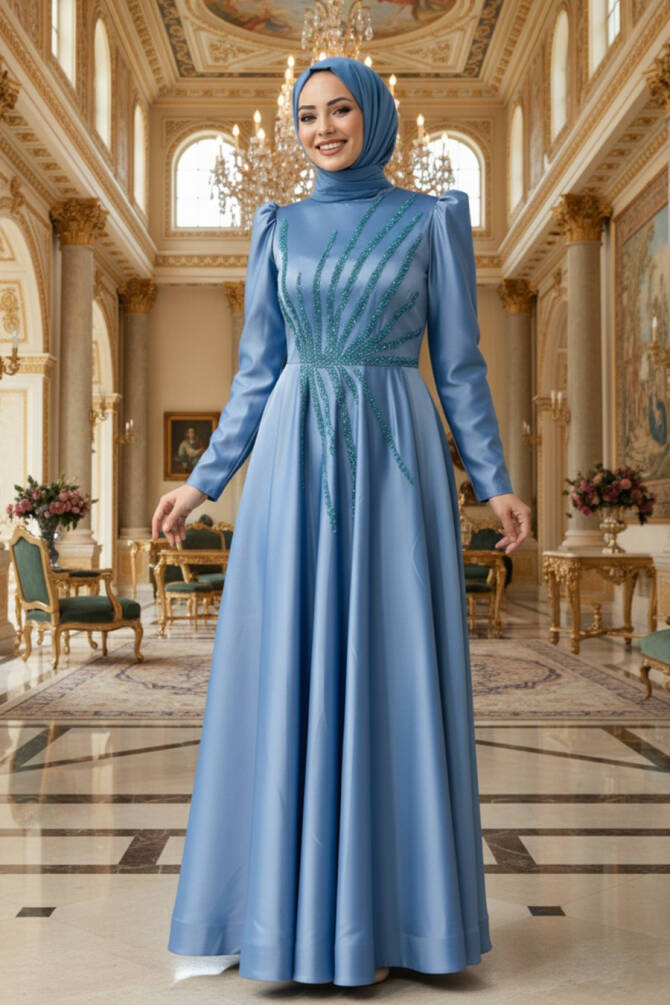 Tesettürlü Abiye Elbise - Boncuk İşlemeli İndigo Mavisi Saten Tesettür Abiye 2265IM - 1