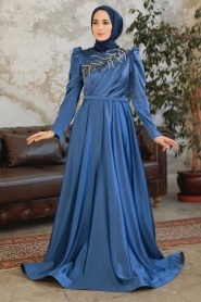 Tesettürlü Abiye Elbise - Boncuk İşlemeli İndigo Mavisi Saten Tesettür Abiye Elbise 22401IM - Thumbnail