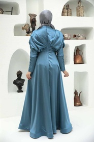 Tesettürlü Abiye Elbise - Boncuk İşlemeli İndigo Mavisi Tesettür Abiye Elbise 22451IM - Thumbnail