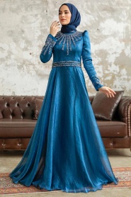 Tesettürlü Abiye Elbise - Boncuk İşlemeli İndigo Mavisi Tesettür Abiye Elbise 3774IM - Thumbnail