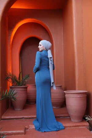 Tesettürlü Abiye Elbise - Boncuk İşlemeli İndigo Mavisi Tesettür Abiye Elbise 4964IM - 3