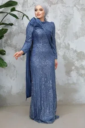 Tesettürlü Abiye Elbise - Boncuk İşlemeli İndigo Mavisi Tesettür Abiye Elbise 50541IM 