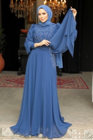 Tesettürlü Abiye Elbise - Boncuk İşlemeli İndigo Mavisi Tesettür Abiye Elbise 52021IM - Thumbnail