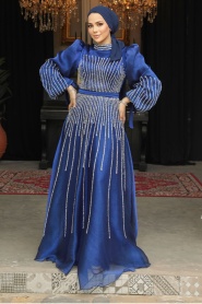 Tesettürlü Abiye Elbise - Boncuk İşlemeli İndigo Mavisi Tesettür Abiye Elbise 52141IM - Thumbnail
