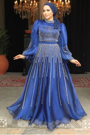 Tesettürlü Abiye Elbise - Boncuk İşlemeli İndigo Mavisi Tesettür Abiye Elbise 52141IM - Thumbnail