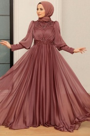 Tesettürlü Abiye Elbise - Boncuk İşlemeli Kahverengi Tesettür Abiye Elbise 22101KH - Thumbnail