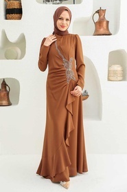 Tesettürlü Abiye Elbise - Boncuk İşlemeli Kahverengi Tesettür Abiye Elbise 32671KH - Thumbnail