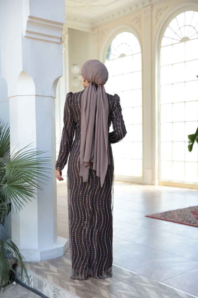 Tesettürlü Abiye Elbise - Boncuk İşlemeli Kahverengi Tesettür Abiye Elbise 4939KH - 8